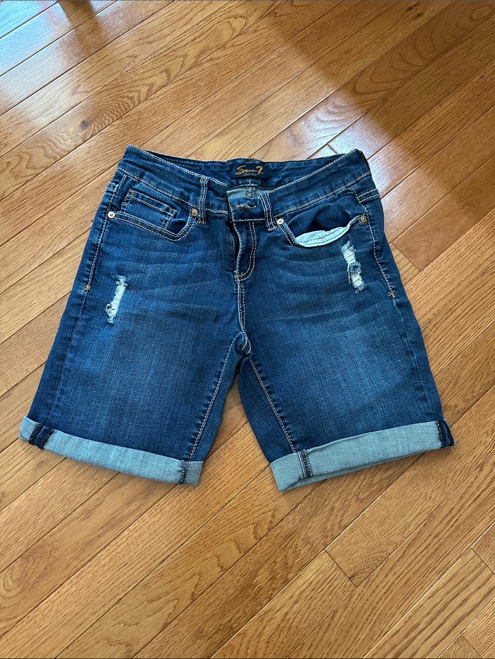7 For All Mankind Dark Blue Rolled Cuff Distressed Denim Shorts
